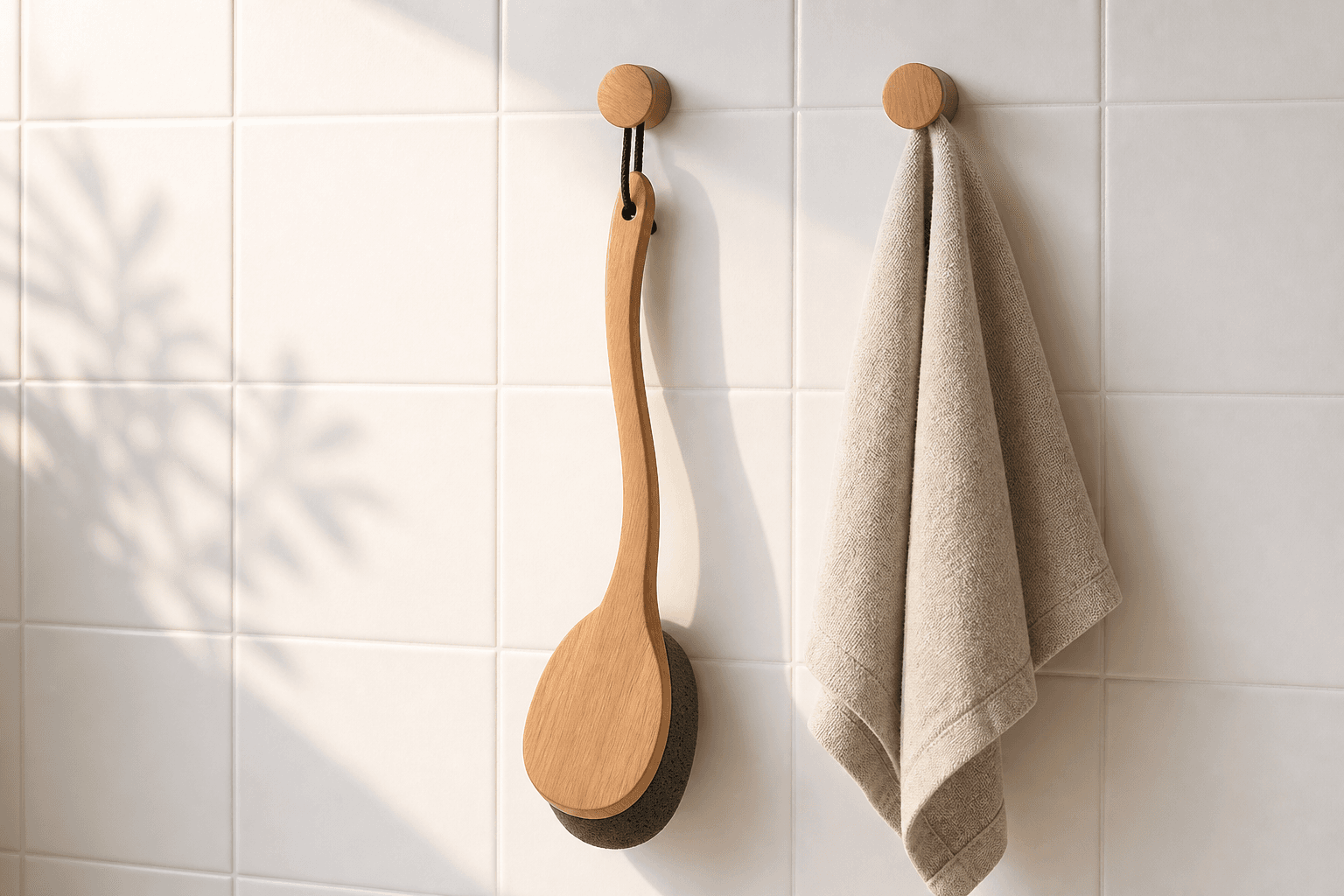 Der multirazor hängt an seinem Halteband an einem Holzhaken vor einer weißen Fliesenwand