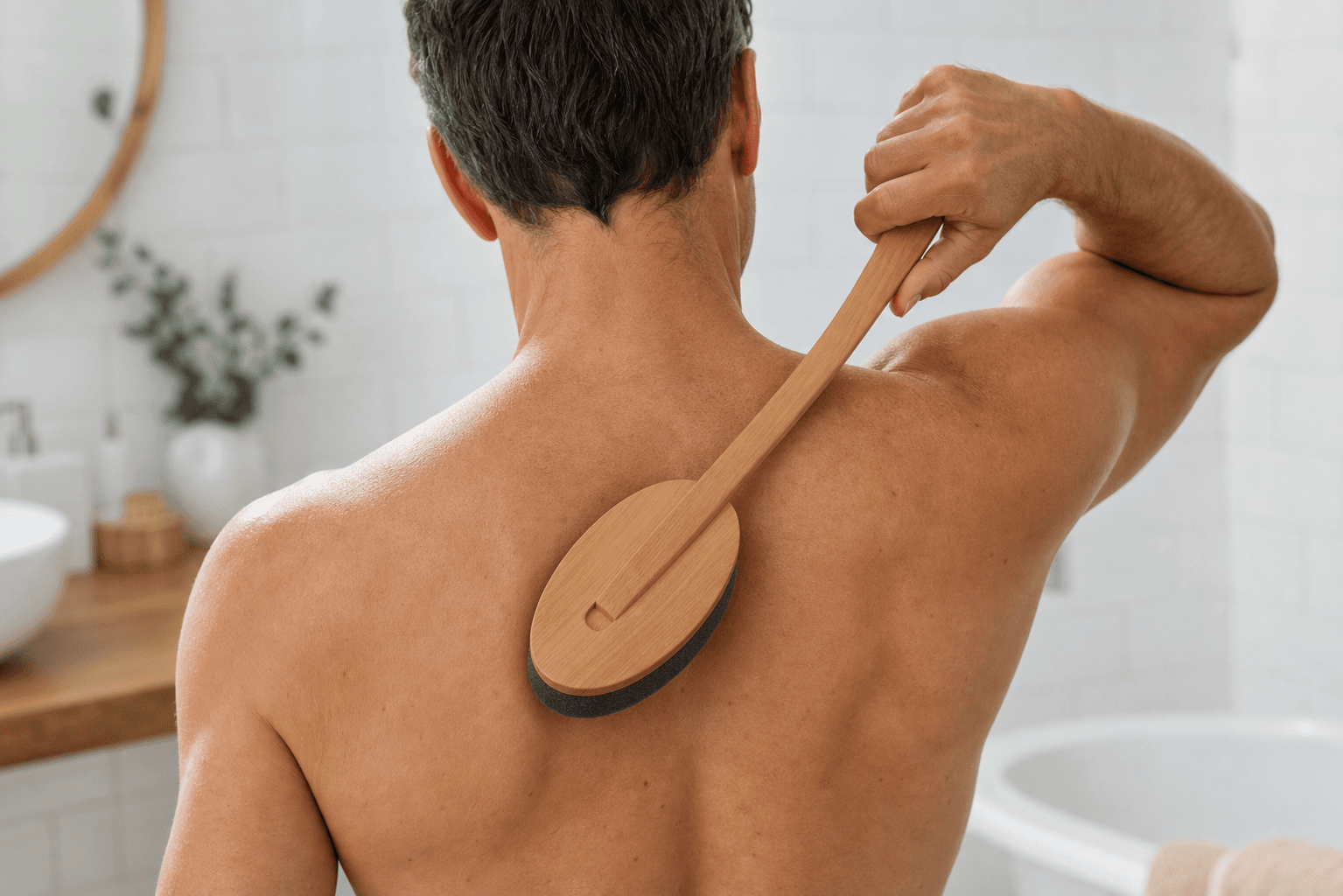 Mann rasiert sich mit dem multirazor selbst den Rücken im Badezimmer